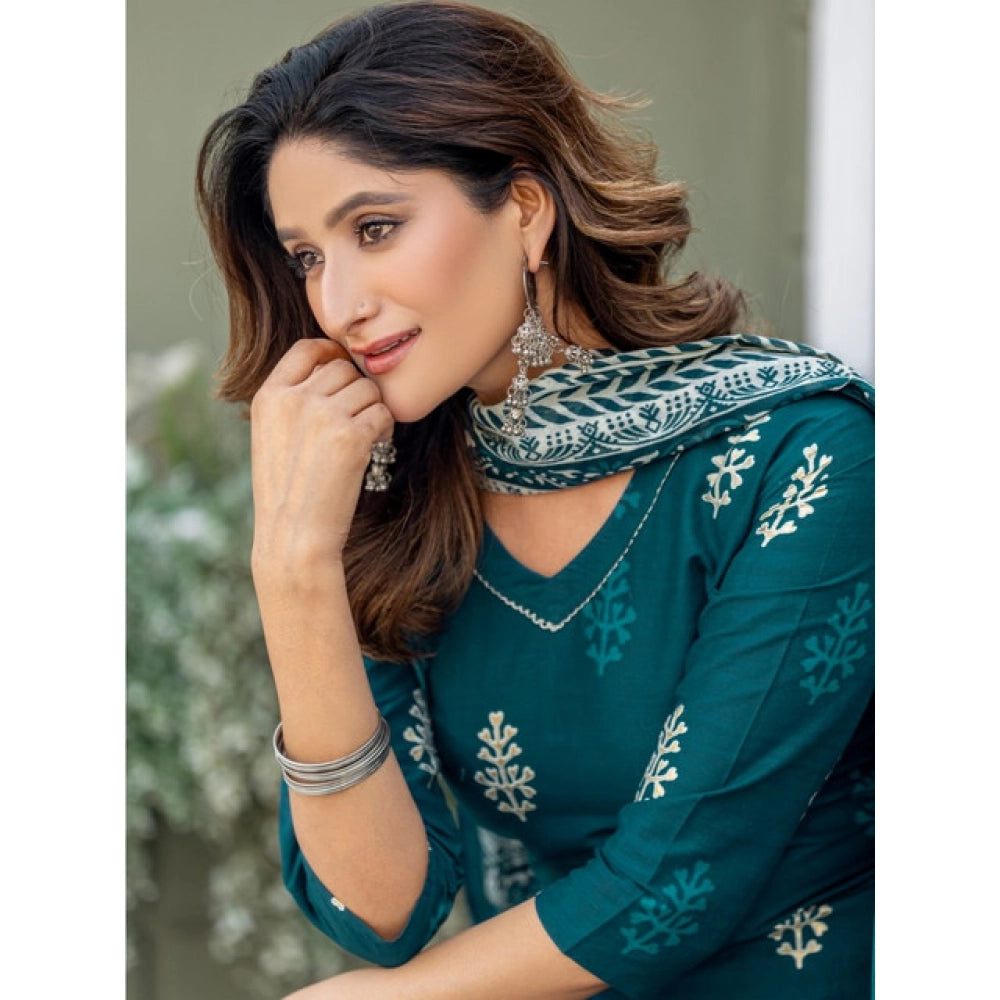 Generic Women's Cotton Blend Printed Kurti With Pant Dupatta Set (Morpichh)