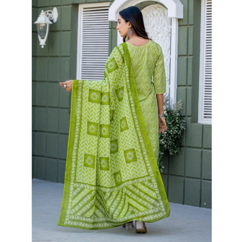 Generic Women's Cotton Blend Printed Kurti With Pant Dupatta Set (Parrot)