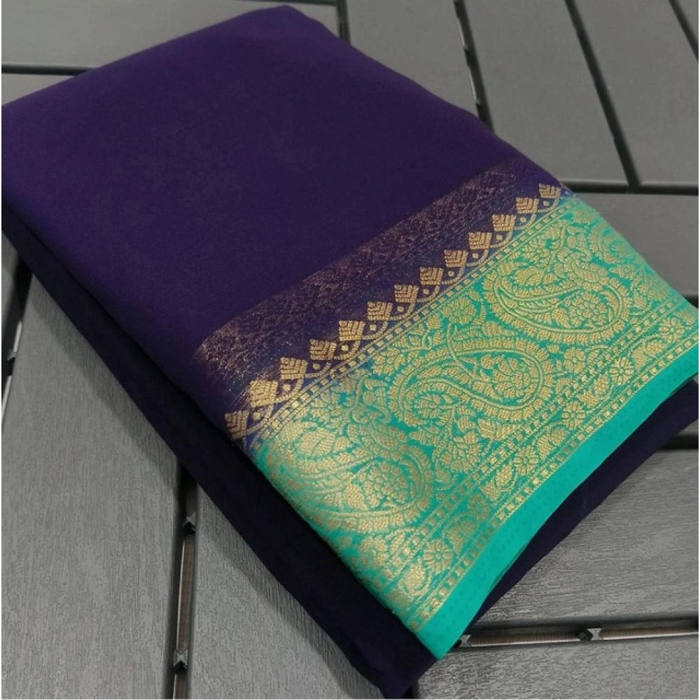 Generic Women's Crepe Chit Pallu Solid Saree With Unstitched Blouse 5.5Mtr (Blue)