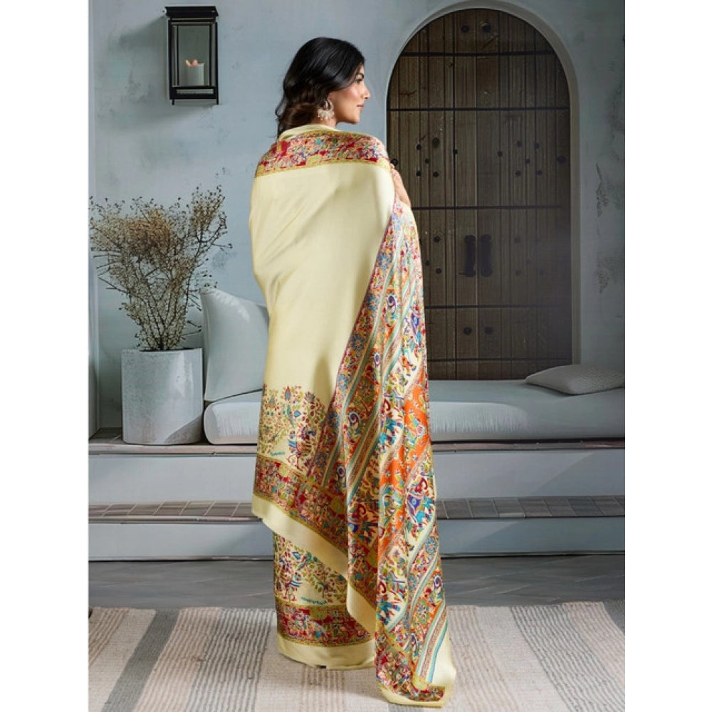 Women's Satin Crepe Printed Saree With Unstitched Blouse 5.5Mtr (Cream)