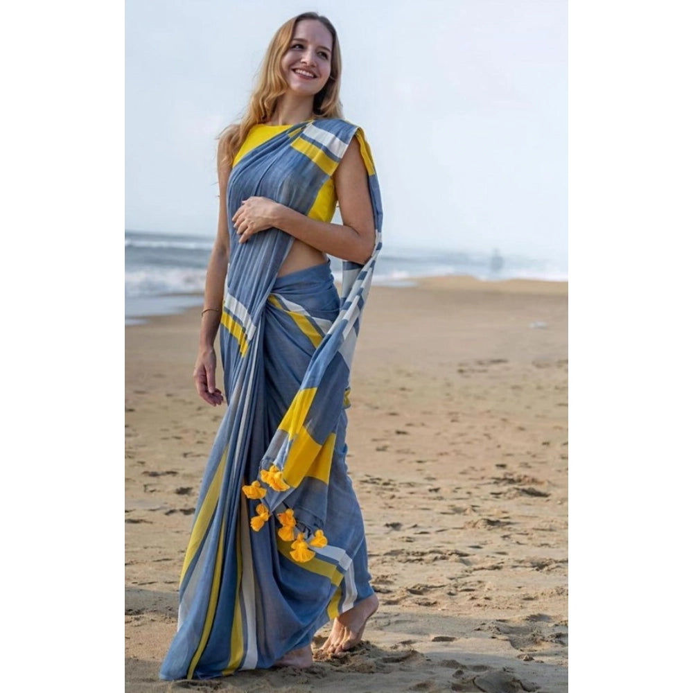 women's Linen Printed Saree With Unstitched Blouse 5.5Mtr (Blue)