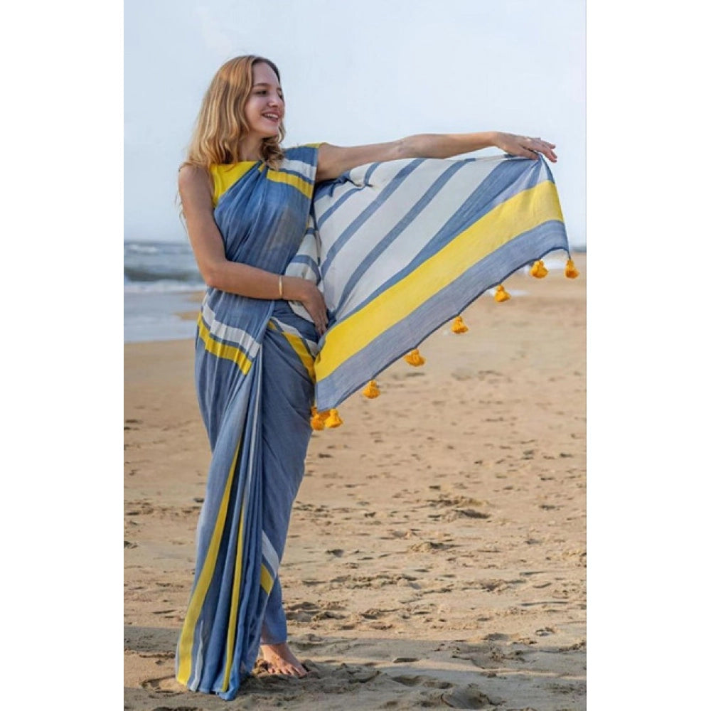 women's Linen Printed Saree With Unstitched Blouse 5.5Mtr (Blue)