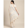 Generic Women's Linen Cotton Printed Saree With Unstitched Blouse 5.5Mtr (Cream)