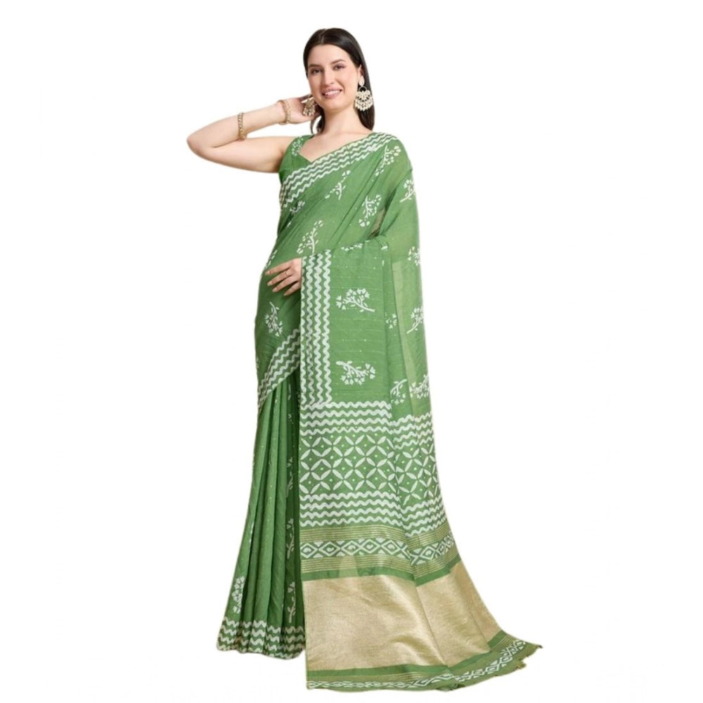 Generic Women's Semi Cotton Printed Saree With Unstitched Blouse 5.5Mtr (Mint-Green)