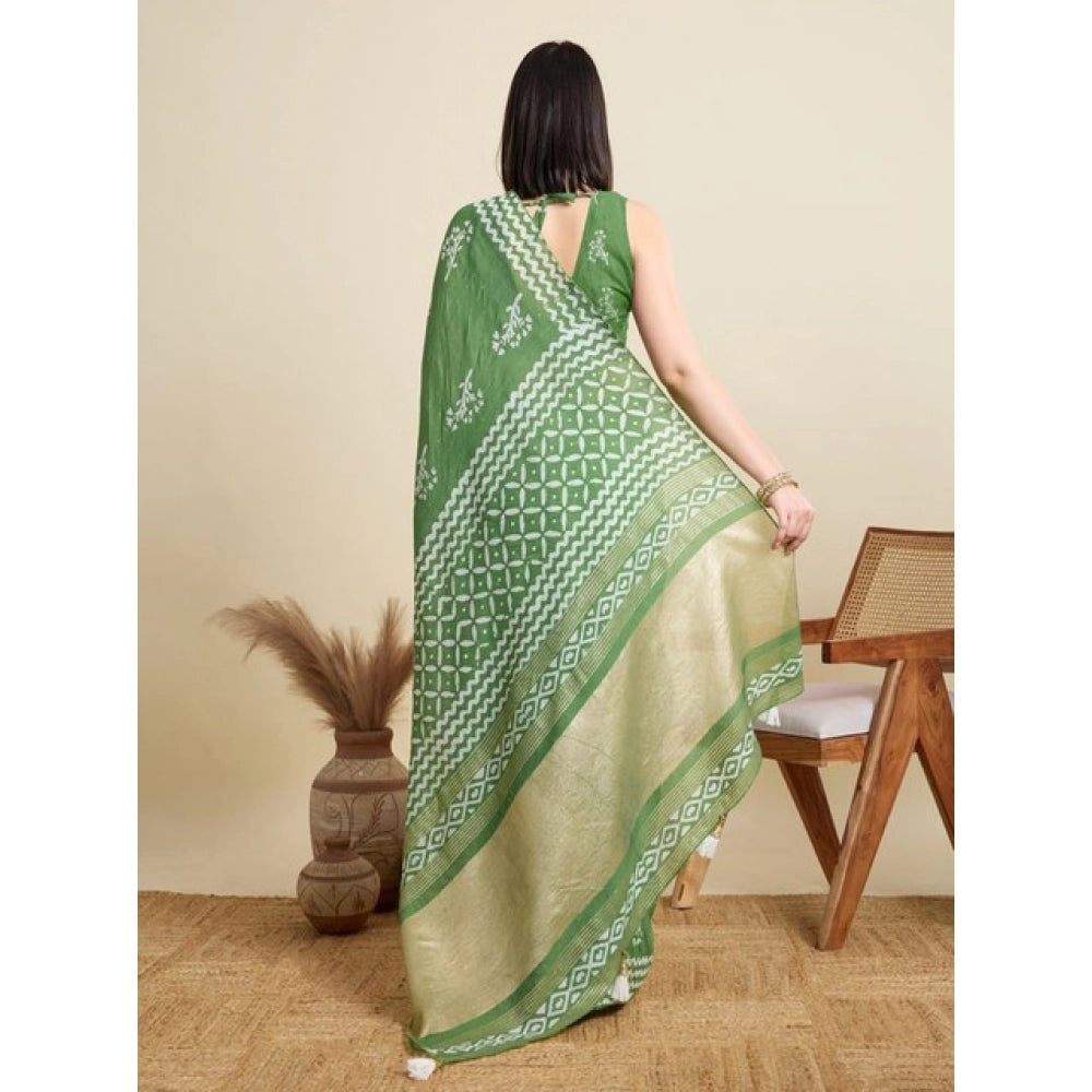 Generic Women's Semi Cotton Printed Saree With Unstitched Blouse 5.5Mtr (Mint-Green)
