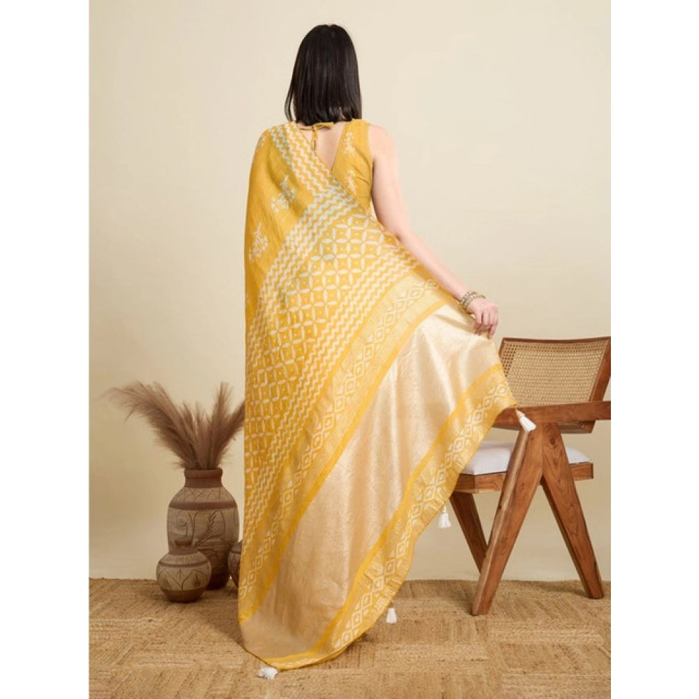 Generic Women's Semi Cotton Printed Saree With Unstitched Blouse 5.5Mtr (Yellow)