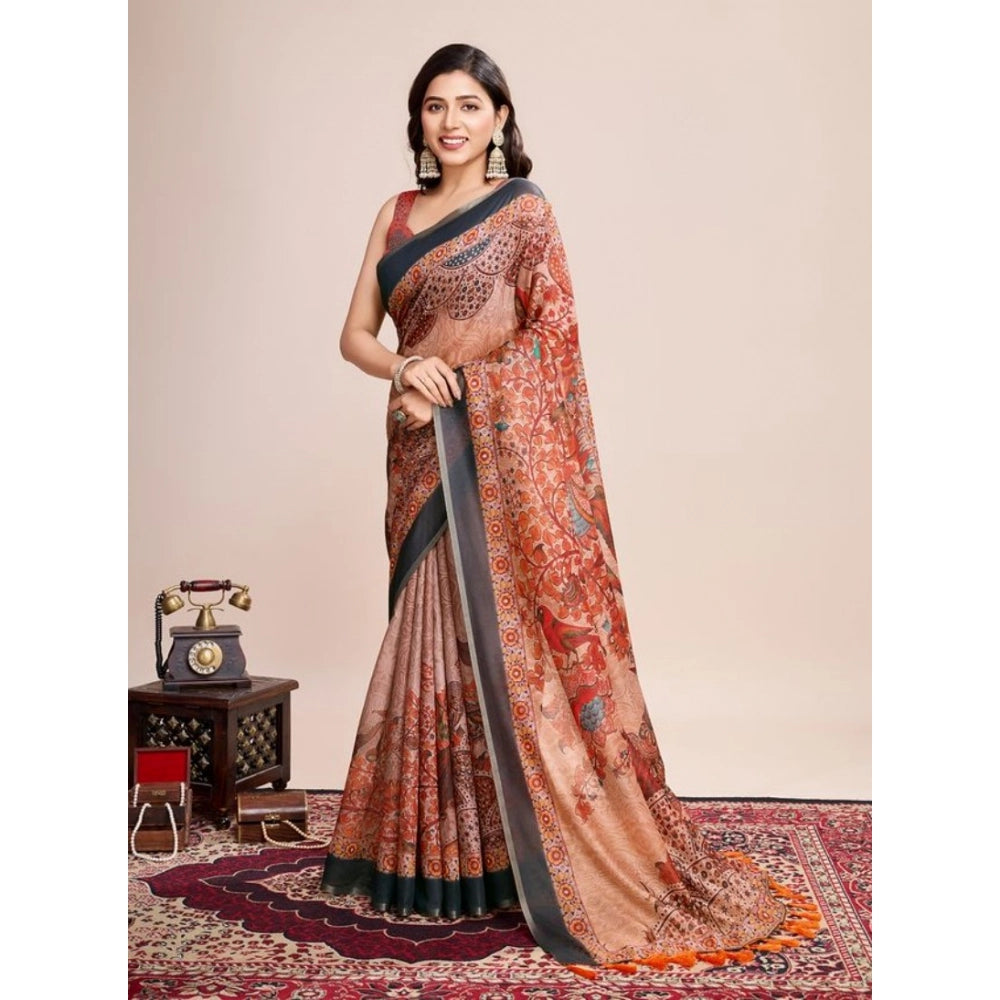 Generic Women's Semi Cotton Digital Print Saree With Unstitched Blouse 5.5Mtr (Orange)