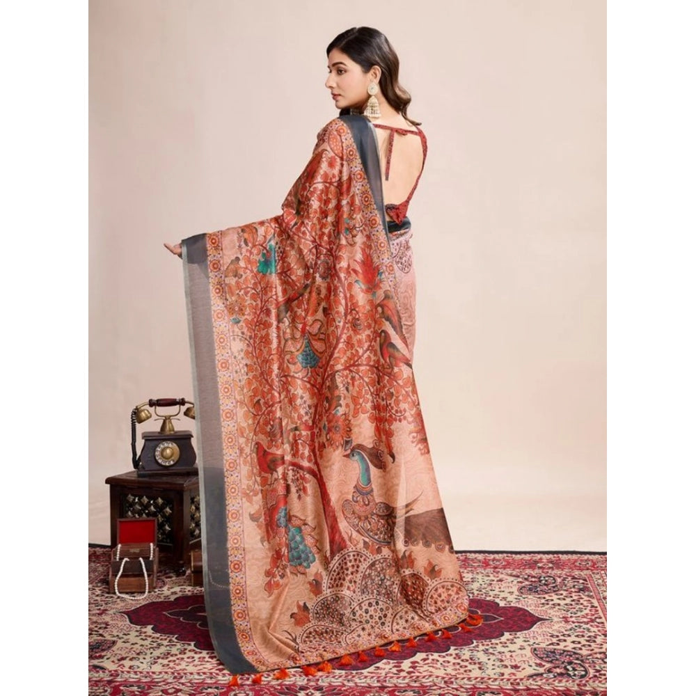 Generic Women's Semi Cotton Digital Print Saree With Unstitched Blouse 5.5Mtr (Orange)