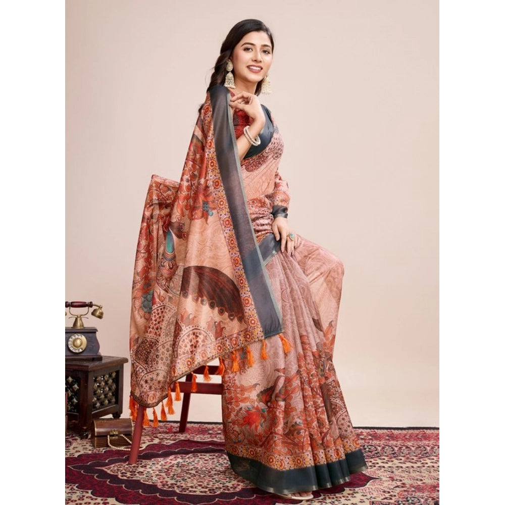 Generic Women's Semi Cotton Digital Print Saree With Unstitched Blouse 5.5Mtr (Orange)