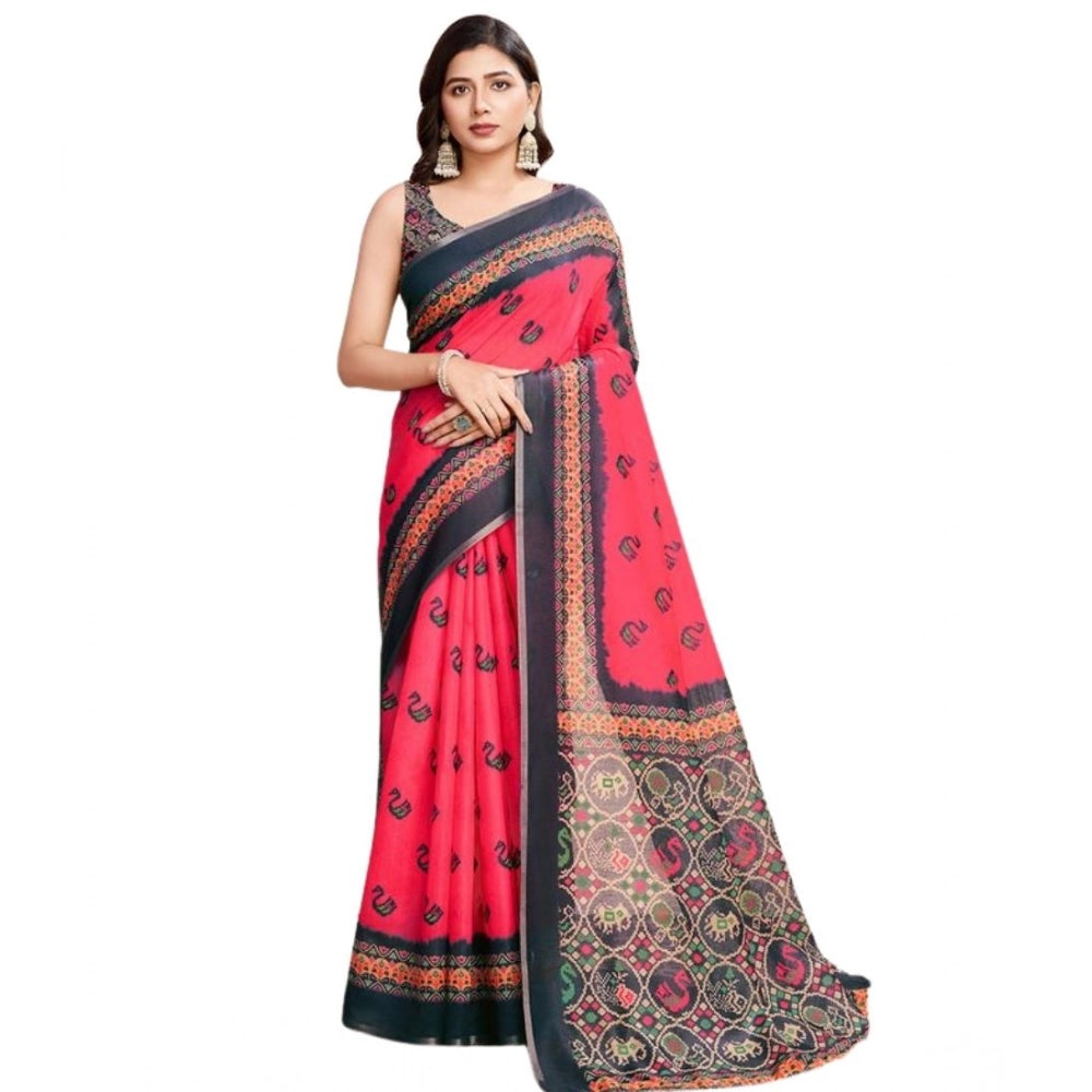 Generic Women's Semi Cotton Digital Print Saree With Unstitched Blouse 5.5Mtr (Red)