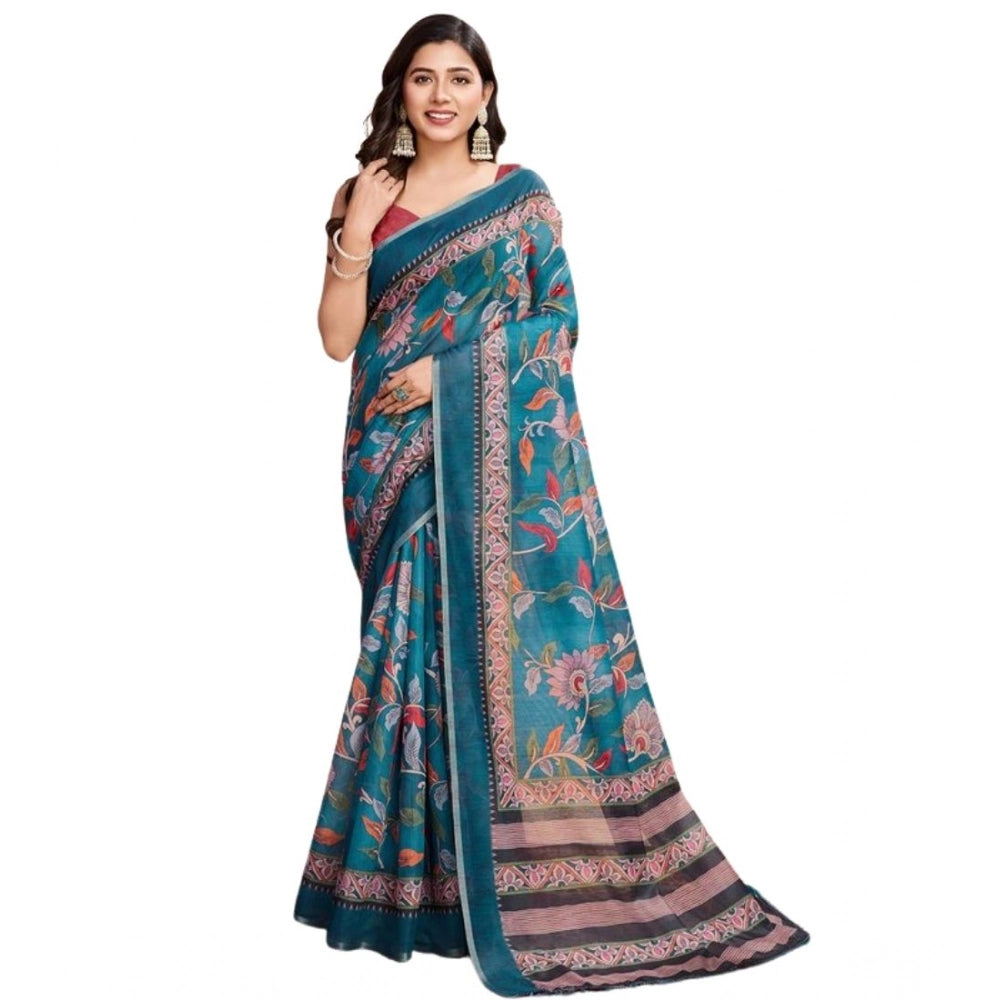 Generic Women's Semi Cotton Digital Print Saree With Unstitched Blouse 5.5Mtr (Teal)