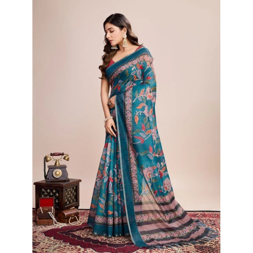 Generic Women's Semi Cotton Digital Print Saree With Unstitched Blouse 5.5Mtr (Teal)