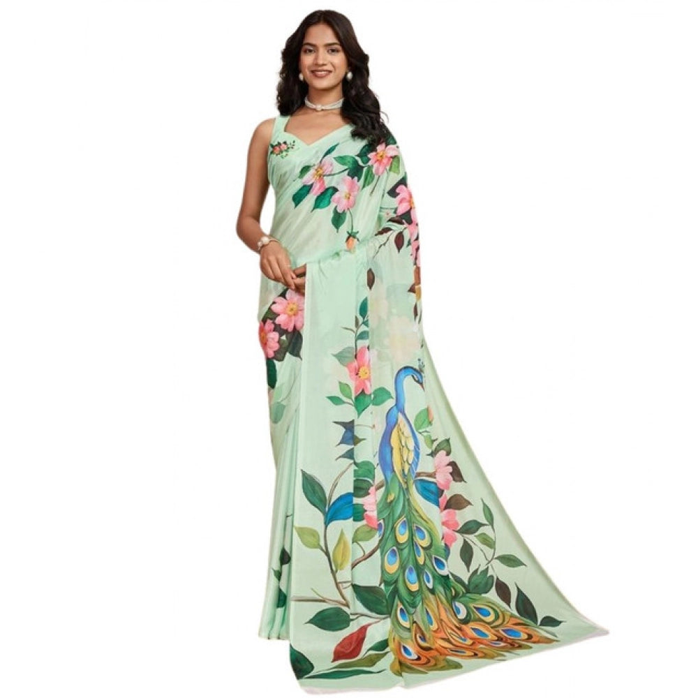 Generic Women's Faux_Georgette Printed Saree With Unstitched Blouse 5.5Mtr (Light_Green)