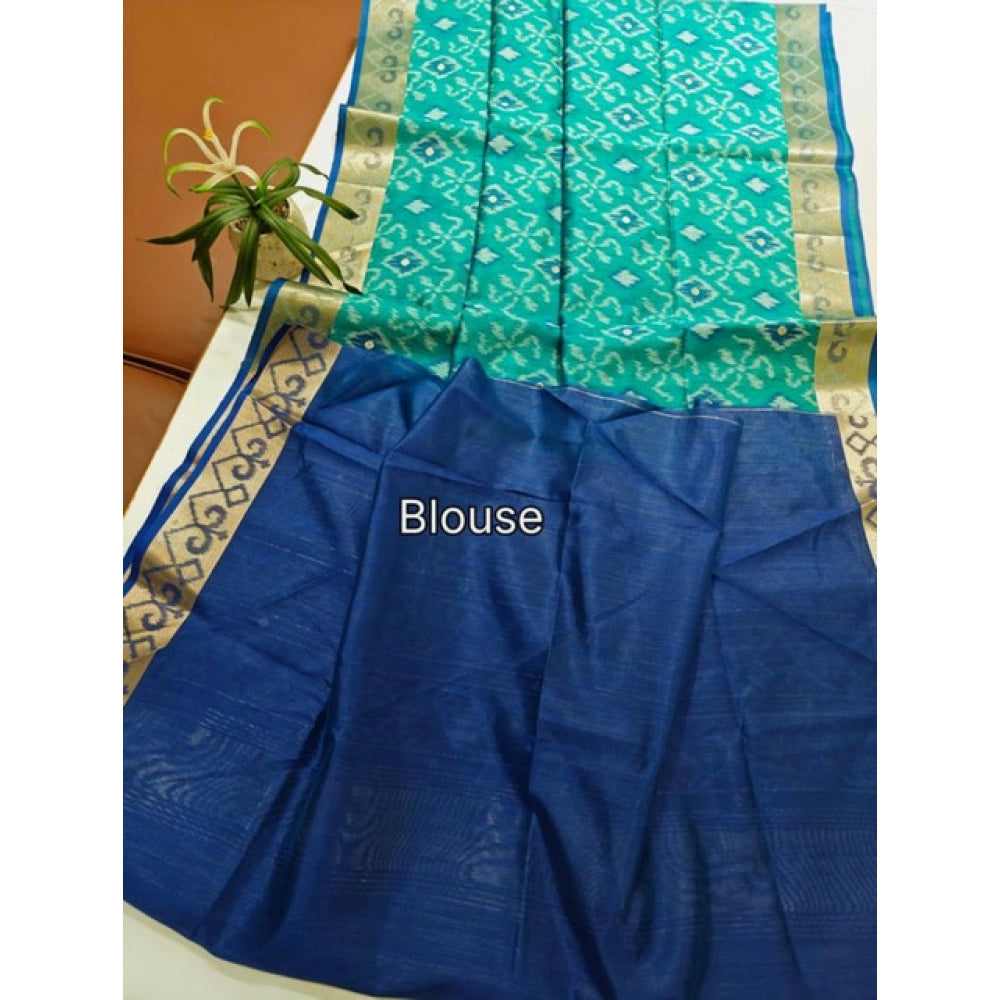 Generic Women's Raw Silk Ikkat Saree With Unstitched Blouse 5.5Mtr (Sky Blue)