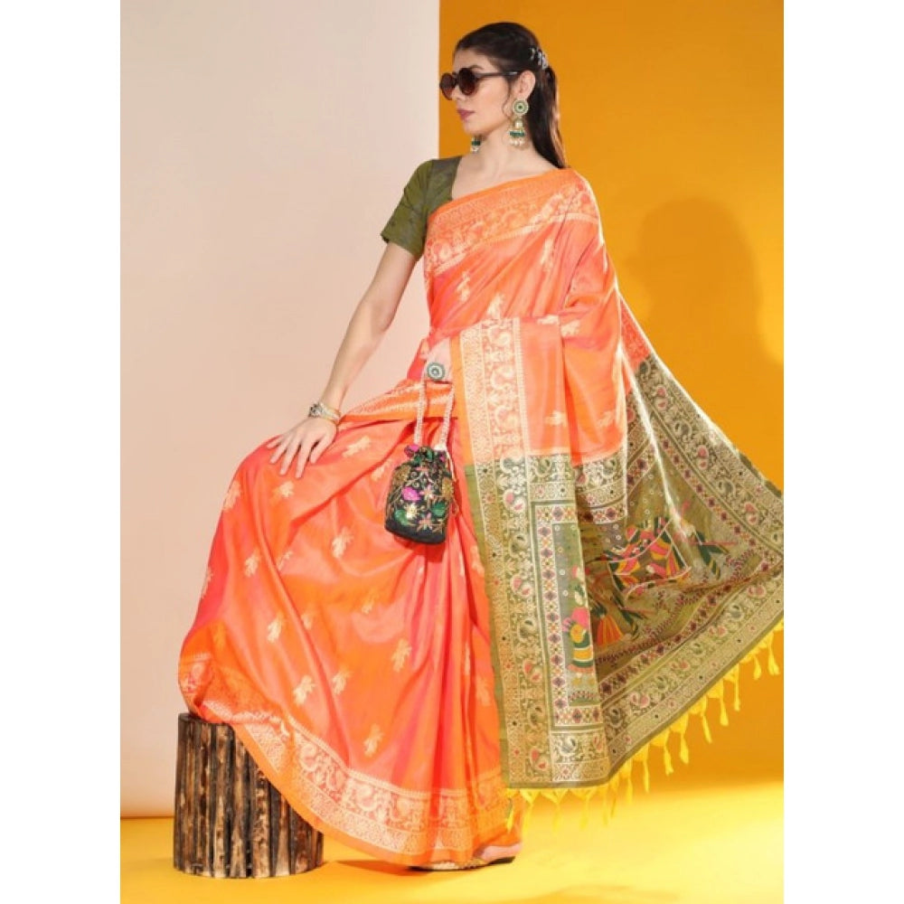 Generic Women's Raw_Silk Woven_Motif Saree With Unstitched Blouse 5.5Mtr (Orange)