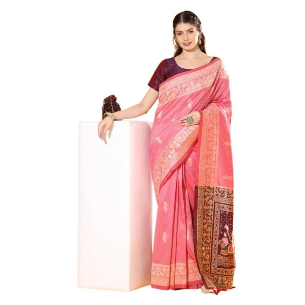 Generic Women's Raw_Silk Woven_Motif Saree With Unstitched Blouse 5.5Mtr (Pink)