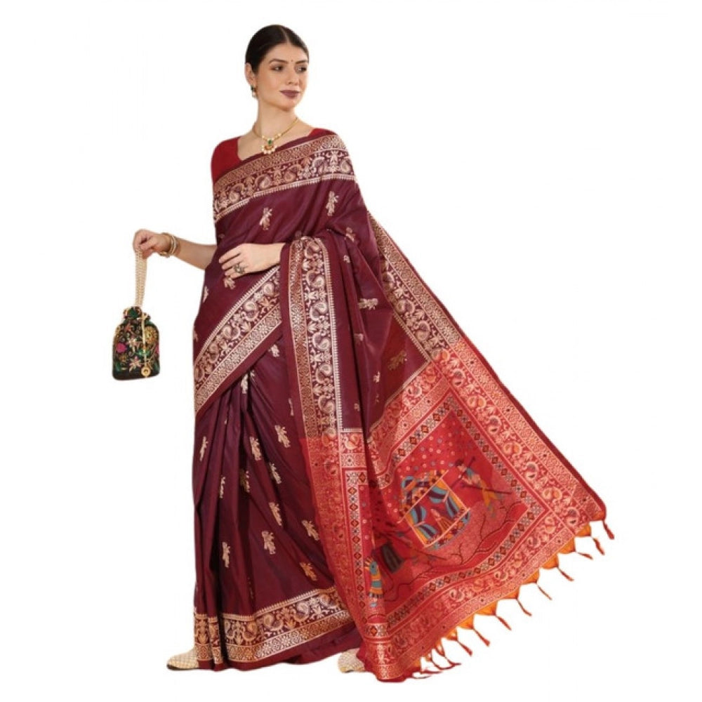 Generic Women's Raw_Silk Woven_Motif Saree With Unstitched Blouse 5.5Mtr (Maroon)