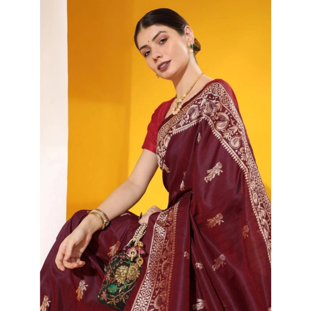 Generic Women's Raw_Silk Woven_Motif Saree With Unstitched Blouse 5.5Mtr (Maroon)
