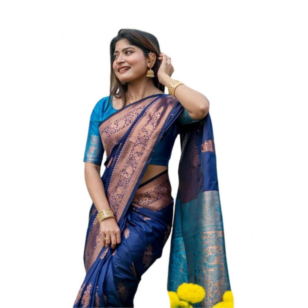 Katan_Silk Zari_Weaving Saree With Unstitched Blouse 5.5Mtr (Navy_Blue)