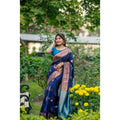 Katan_Silk Zari_Weaving Saree With Unstitched Blouse 5.5Mtr (Navy_Blue)