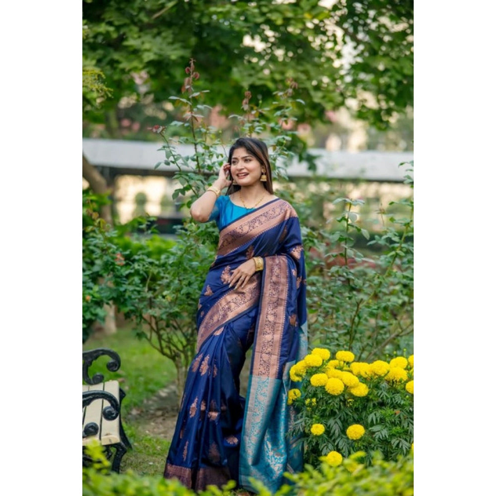 Katan_Silk Zari_Weaving Saree With Unstitched Blouse 5.5Mtr (Navy_Blue)