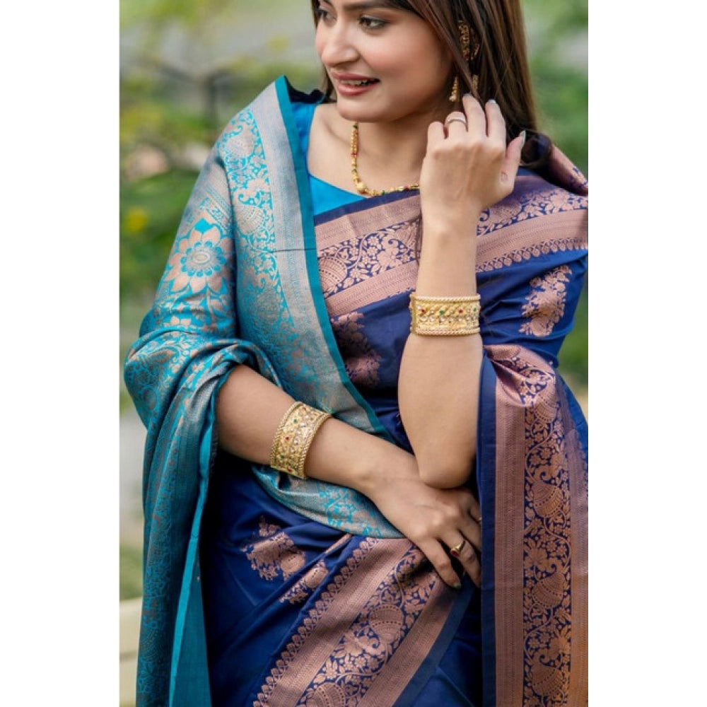 Katan_Silk Zari_Weaving Saree With Unstitched Blouse 5.5Mtr (Navy_Blue)