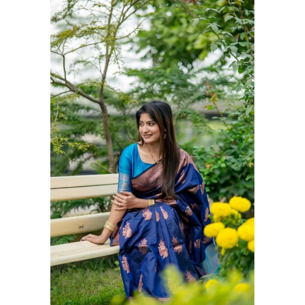Katan_Silk Zari_Weaving Saree With Unstitched Blouse 5.5Mtr (Navy_Blue)