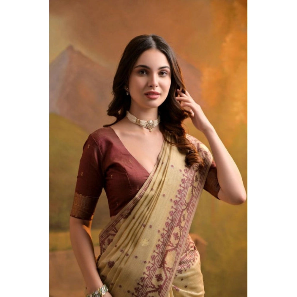 Generic Women's Blended_Cotton Woven Saree With Unstitched Blouse 5.5Mtr (Light_Beige)