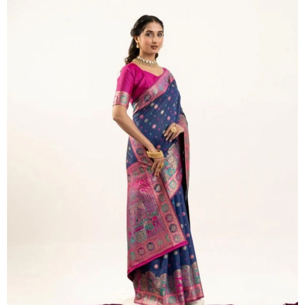 Faux_Banarasi Woven Motifs Saree With Unstitched Blouse 5.5Mtr (Navy_Blue)