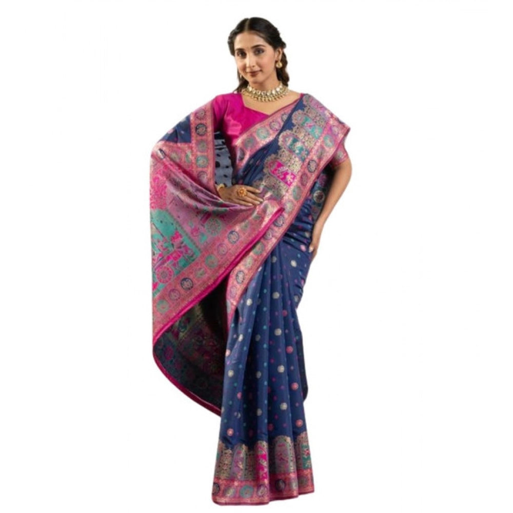 Faux_Banarasi Woven Motifs Saree With Unstitched Blouse 5.5Mtr (Navy_Blue)