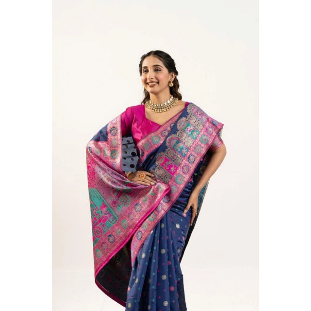 Faux_Banarasi Woven Motifs Saree With Unstitched Blouse 5.5Mtr (Navy_Blue)