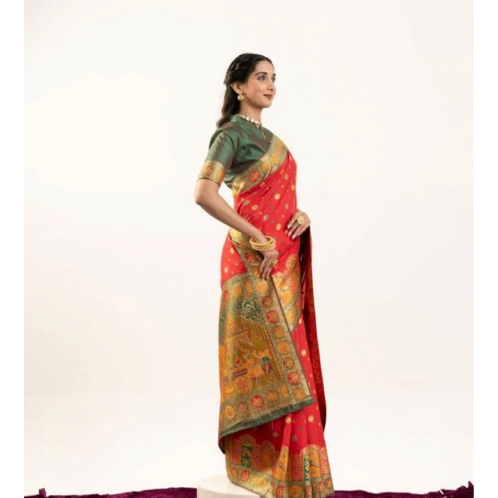 Faux_Banarasi Woven Motifs Saree With Unstitched Blouse 5.5Mtr (Orange)