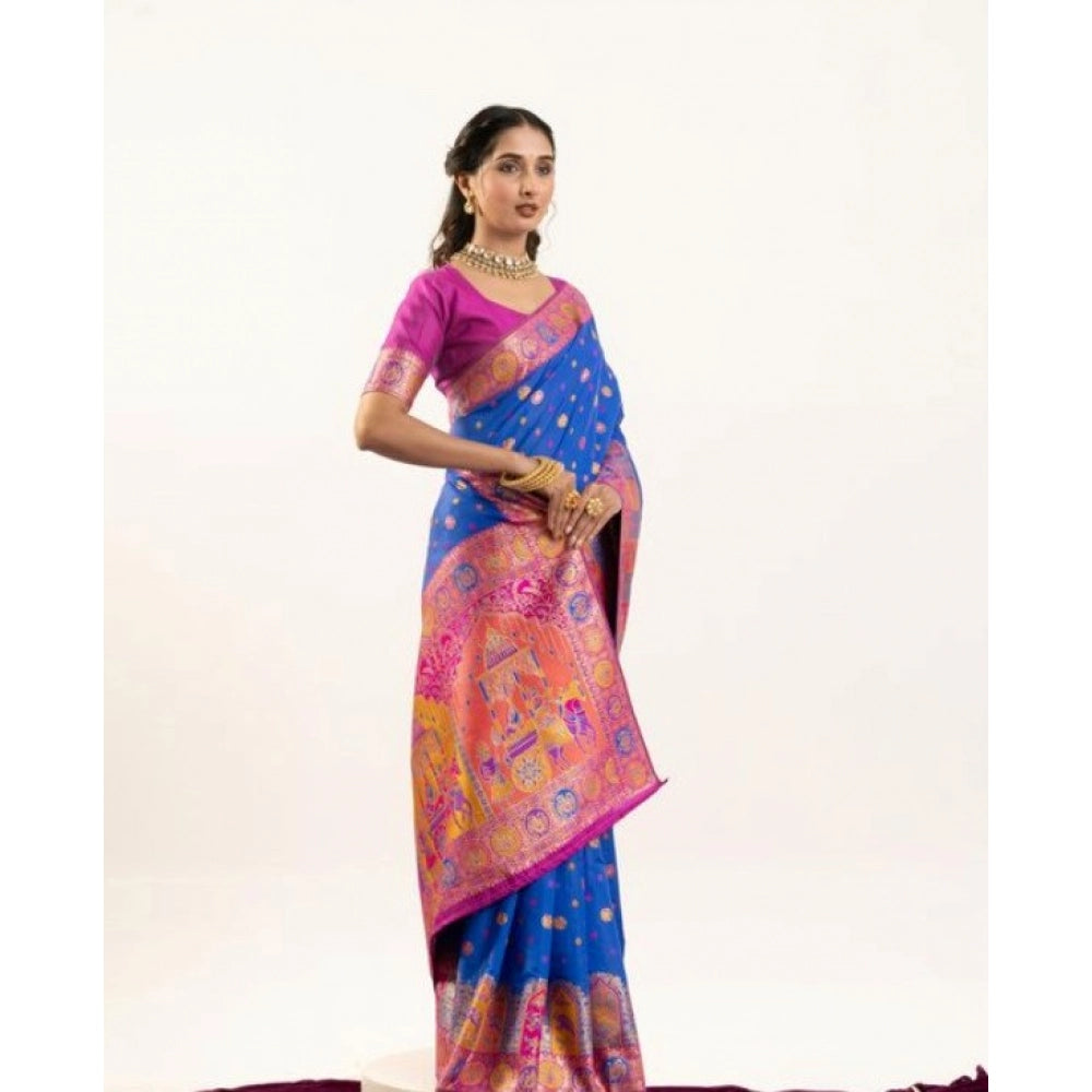 Faux_Banarasi Woven Motifs Saree With Unstitched Blouse 5.5Mtr (Royal_Blue)
