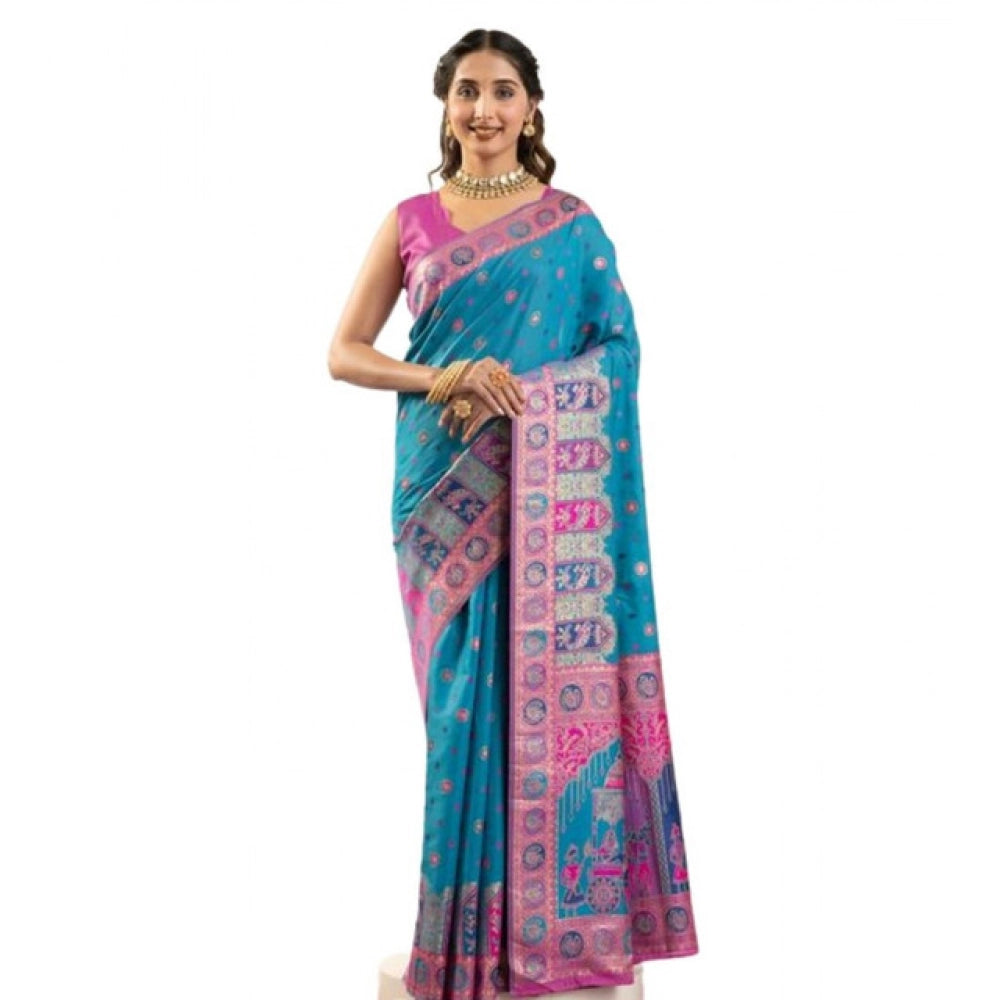 Faux_Banarasi Woven Motifs Saree With Unstitched Blouse 5.5Mtr (Teal)