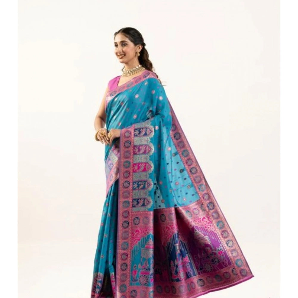 Faux_Banarasi Woven Motifs Saree With Unstitched Blouse 5.5Mtr (Teal)