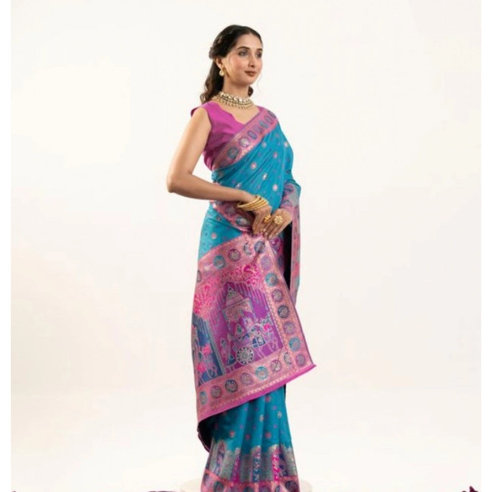 Faux_Banarasi Woven Motifs Saree With Unstitched Blouse 5.5Mtr (Teal)