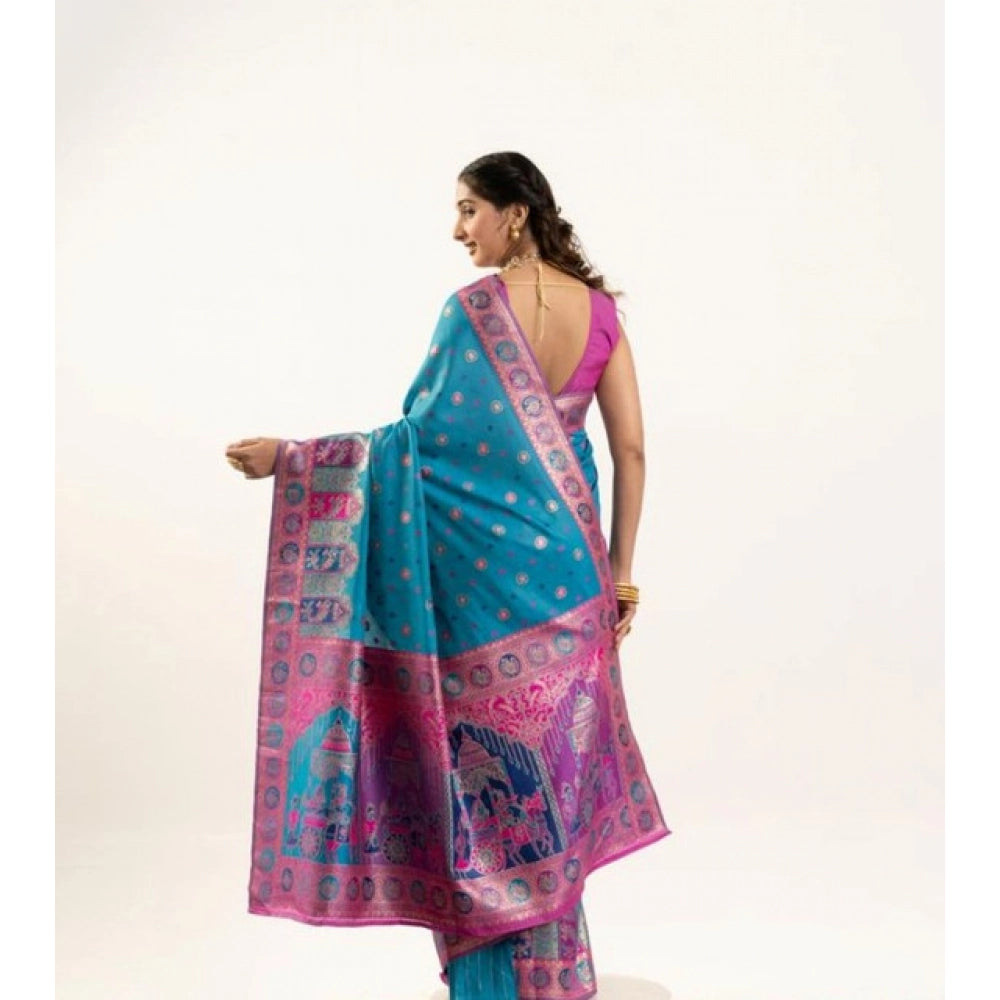 Faux_Banarasi Woven Motifs Saree With Unstitched Blouse 5.5Mtr (Teal)