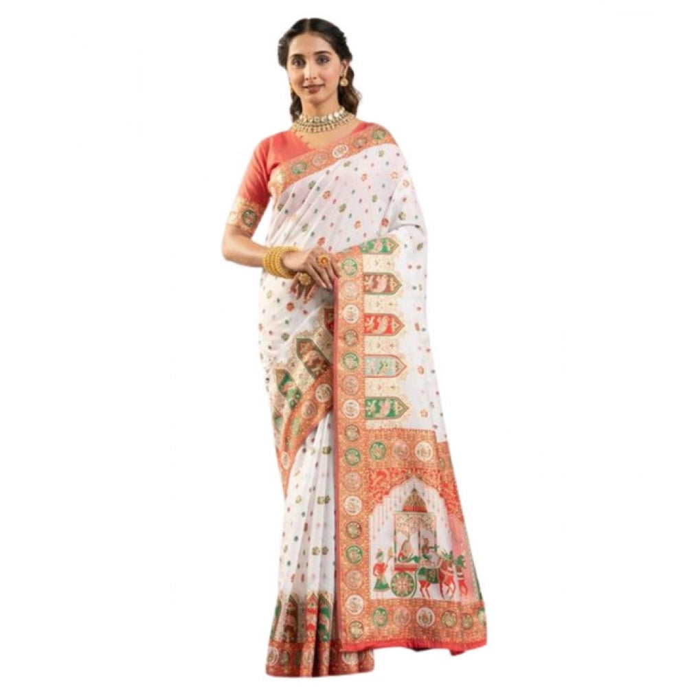 Faux_Banarasi Woven Motifs Saree With Unstitched Blouse 5.5Mtr (White)