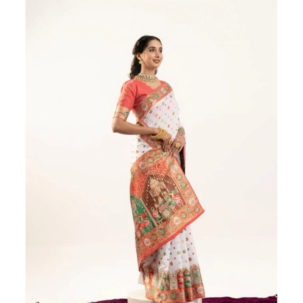 Faux_Banarasi Woven Motifs Saree With Unstitched Blouse 5.5Mtr (White)