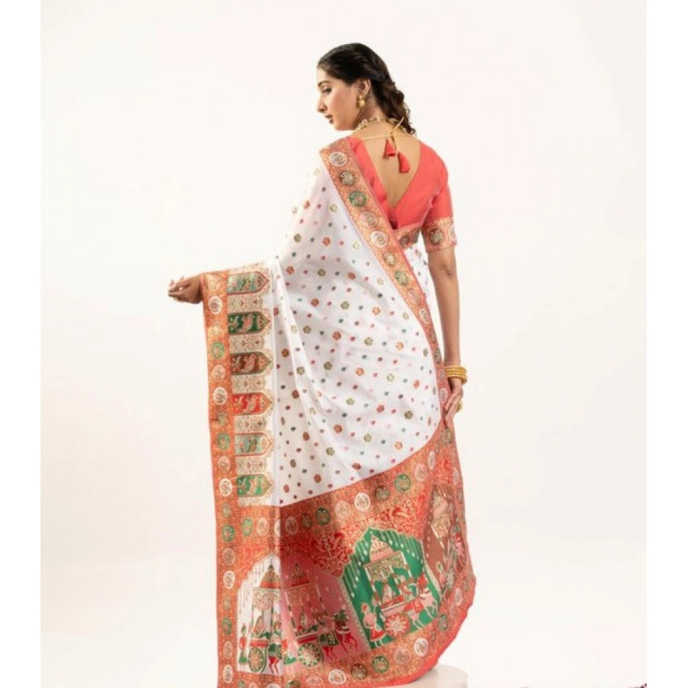 Faux_Banarasi Woven Motifs Saree With Unstitched Blouse 5.5Mtr (White)