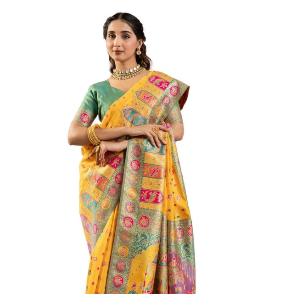 Faux_Banarasi Woven Motifs Saree With Unstitched Blouse 5.5Mtr (Yellow)