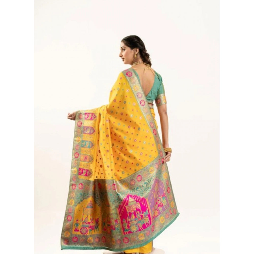 Faux_Banarasi Woven Motifs Saree With Unstitched Blouse 5.5Mtr (Yellow)