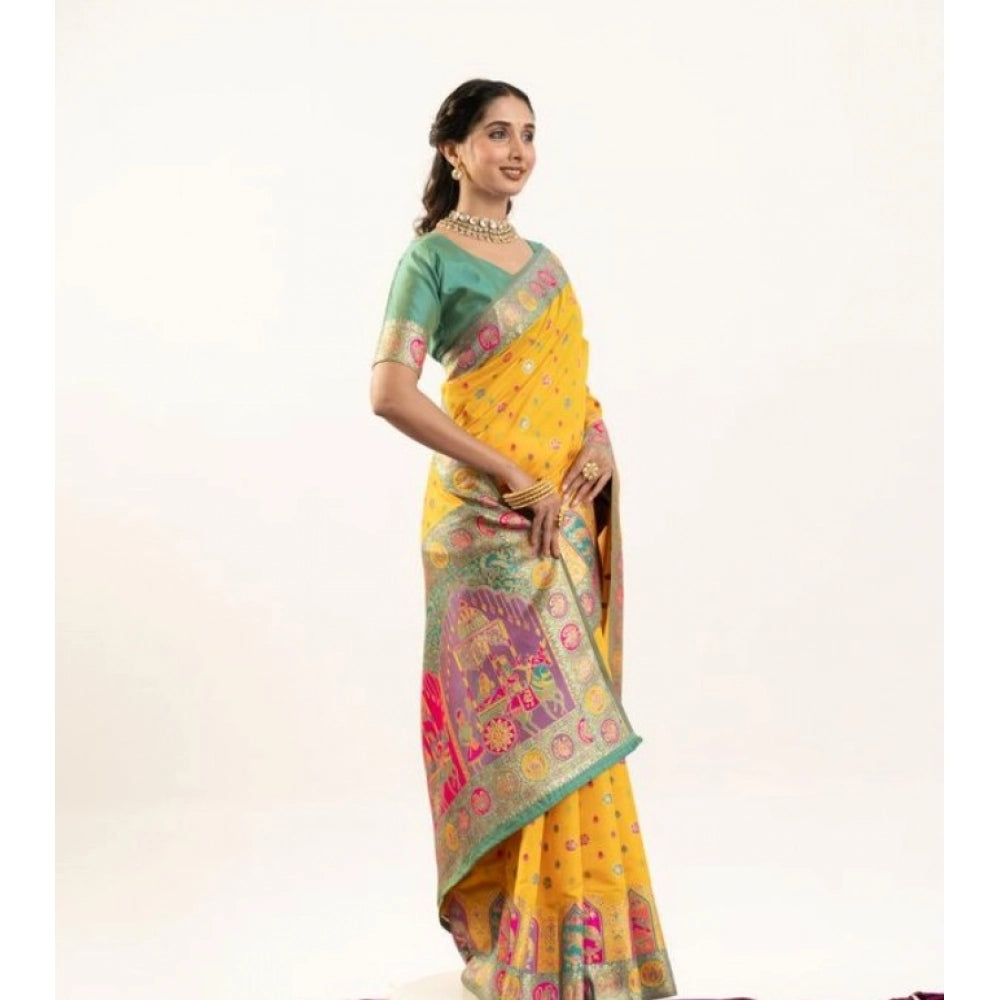 Faux_Banarasi Woven Motifs Saree With Unstitched Blouse 5.5Mtr (Yellow)