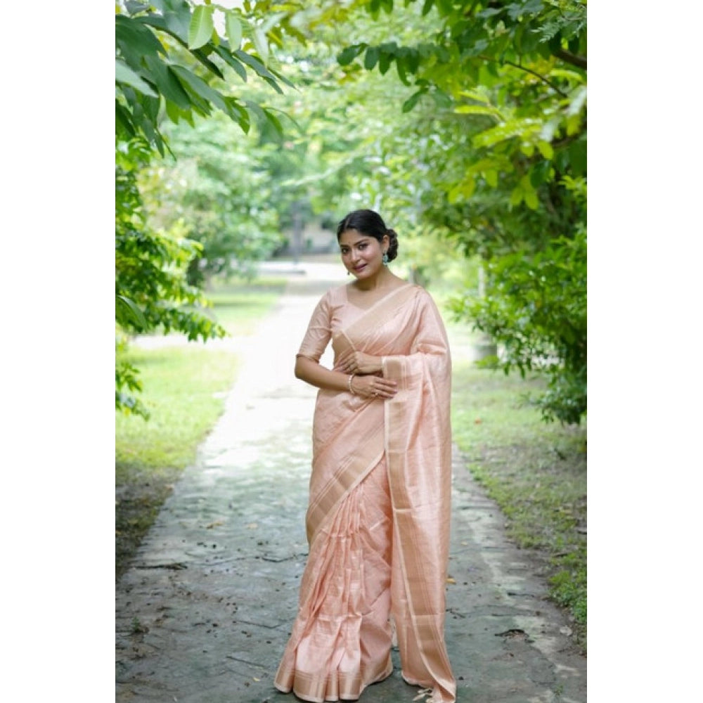 Faux_Banarasi Lining Pattern Saree With Unstitched Blouse 5.5Mtr (Peach)