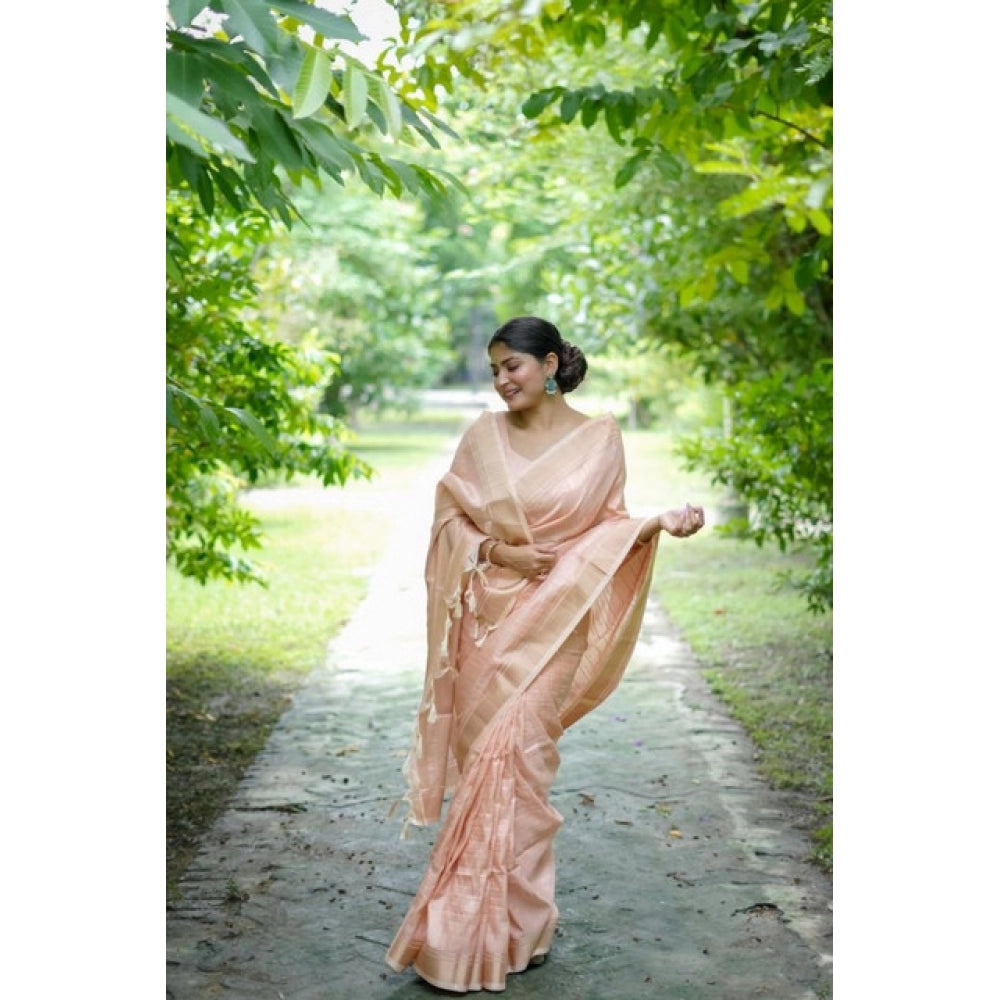 Faux_Banarasi Lining Pattern Saree With Unstitched Blouse 5.5Mtr (Peach)