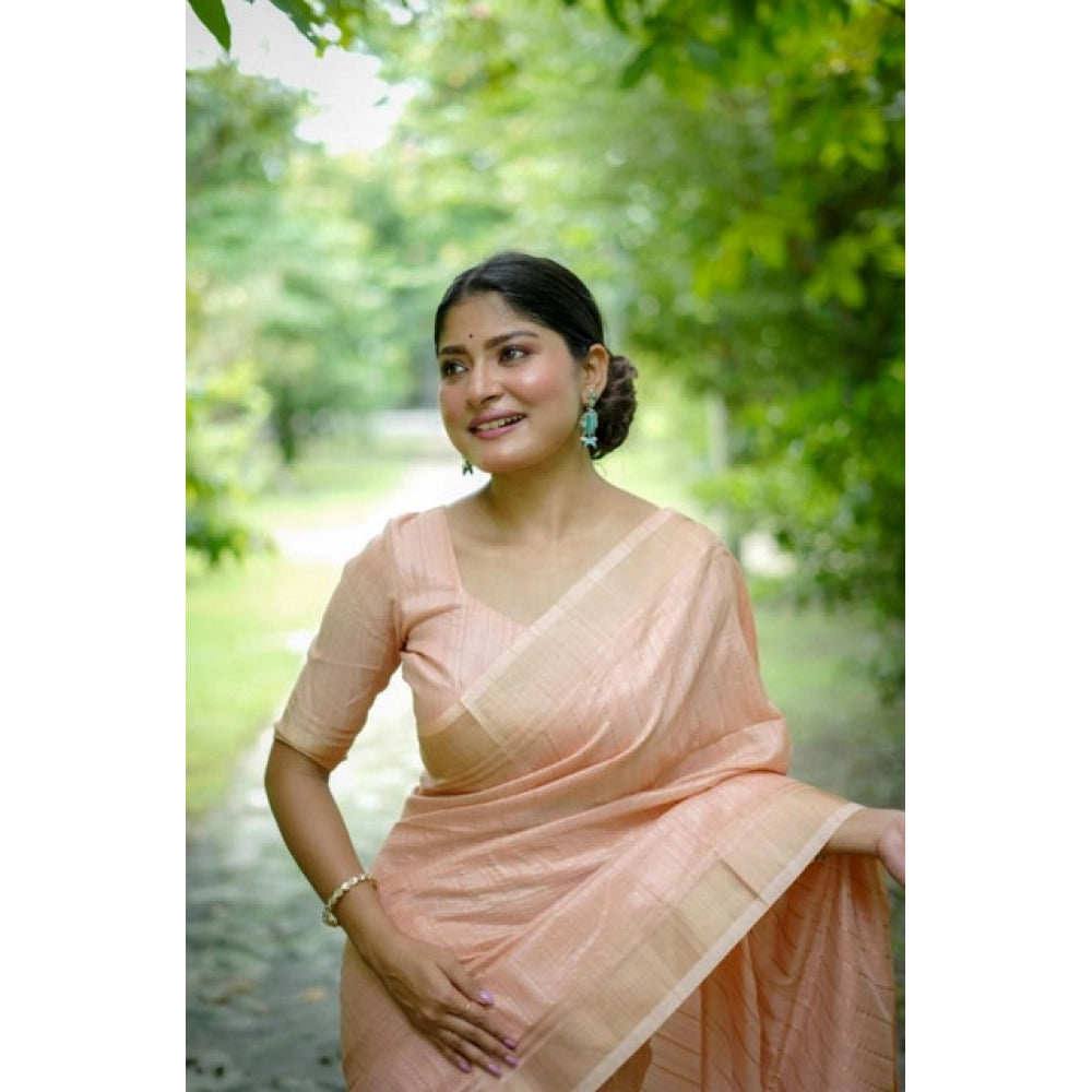 Faux_Banarasi Lining Pattern Saree With Unstitched Blouse 5.5Mtr (Peach)