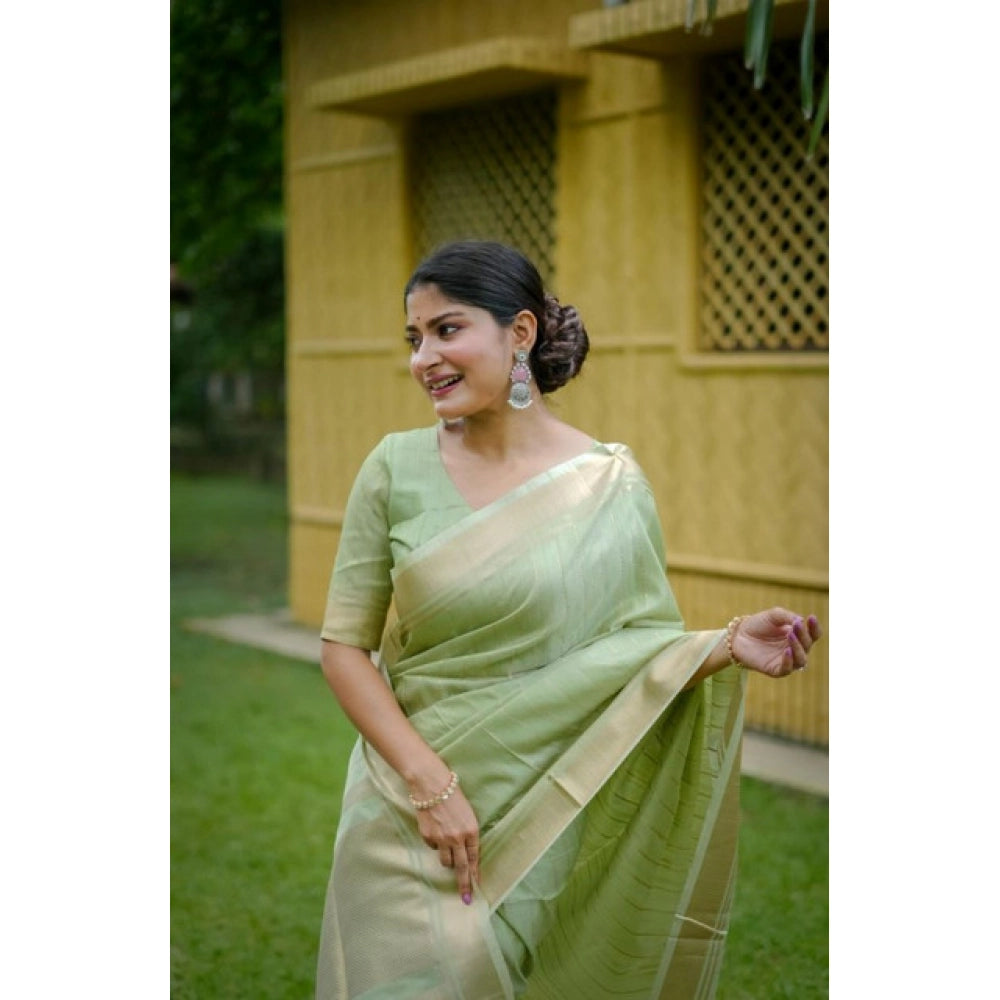 Faux_Banarasi Lining Pattern Saree With Unstitched Blouse 5.5Mtr (Light_Green)