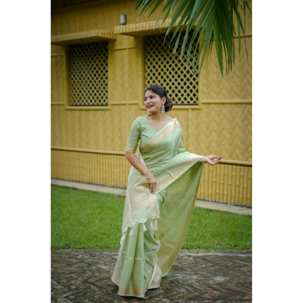 Faux_Banarasi Lining Pattern Saree With Unstitched Blouse 5.5Mtr (Light_Green)