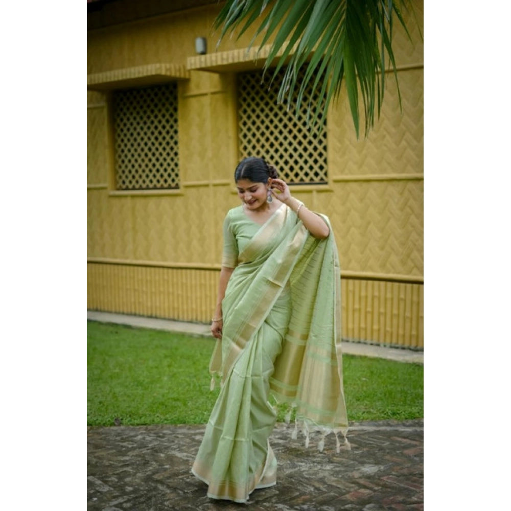 Faux_Banarasi Lining Pattern Saree With Unstitched Blouse 5.5Mtr (Light_Green)