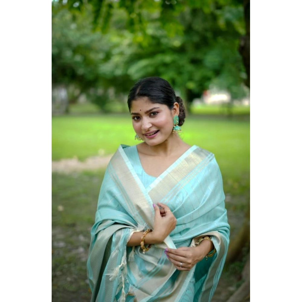 Faux_Banarasi Lining Pattern Saree With Unstitched Blouse 5.5Mtr (Light_Aqua_Blue)